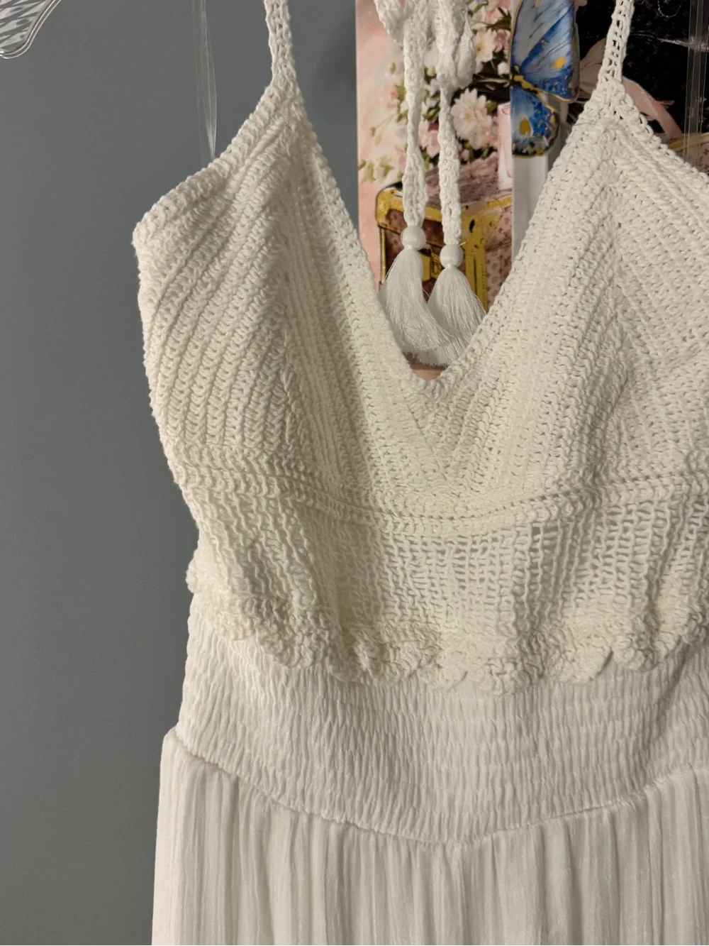 186 • White Crochet Bodice Halter Palazzo Pants Romper - Picture 6 of 11